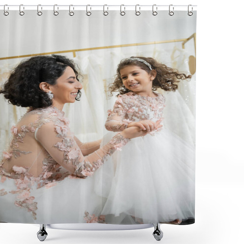 Personality  Happy Middle Eastern Bride With Brunette Wavy Hair In Floral Wedding Dress Holding Hands With Smiling Daughter In Cute Attire With Tulle Skirt In Bridal Salon, Shopping, Special Moment  Shower Curtains