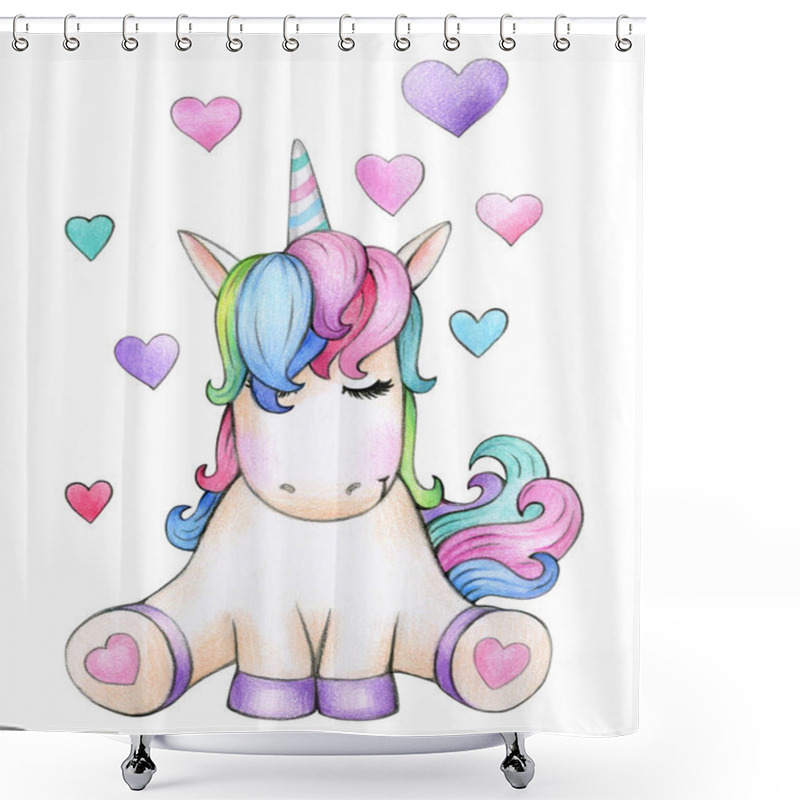 Personality   Cute Sitting Unicorn Cartoon With Hearts, Isolated On White. Shower Curtains