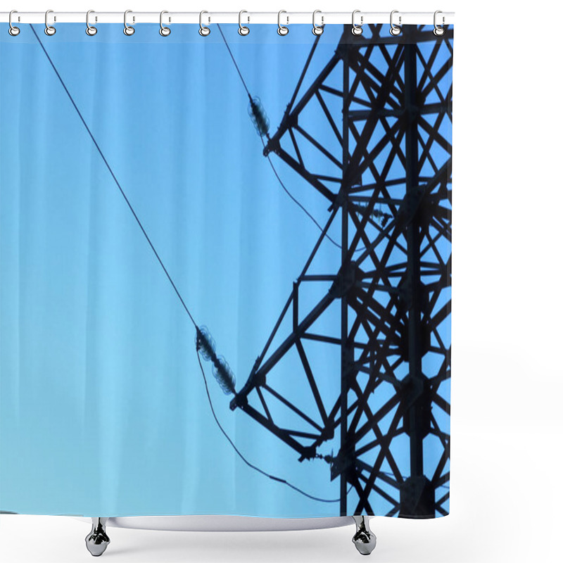 Personality  Power Line Tower On The Background Of Blue Sky, Electricity Ener Shower Curtains