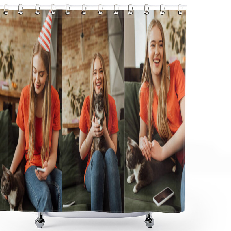 Personality  Collage Of Happy Young Woman In Party Cap Holding In Arms Cute Cat Near Smartphones On Sofas Shower Curtains