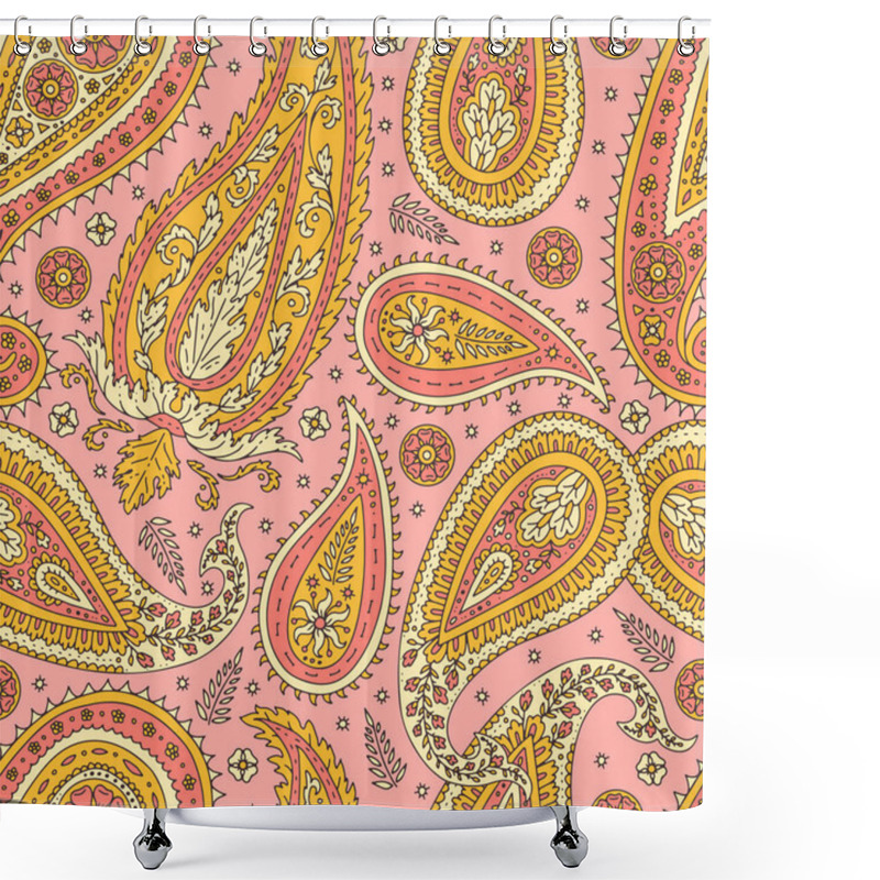 Personality  Colorful Seamless Pattern With Yellow Paisley Motifs On Pink Background. Traditional Indian Repeat Design. Shower Curtains