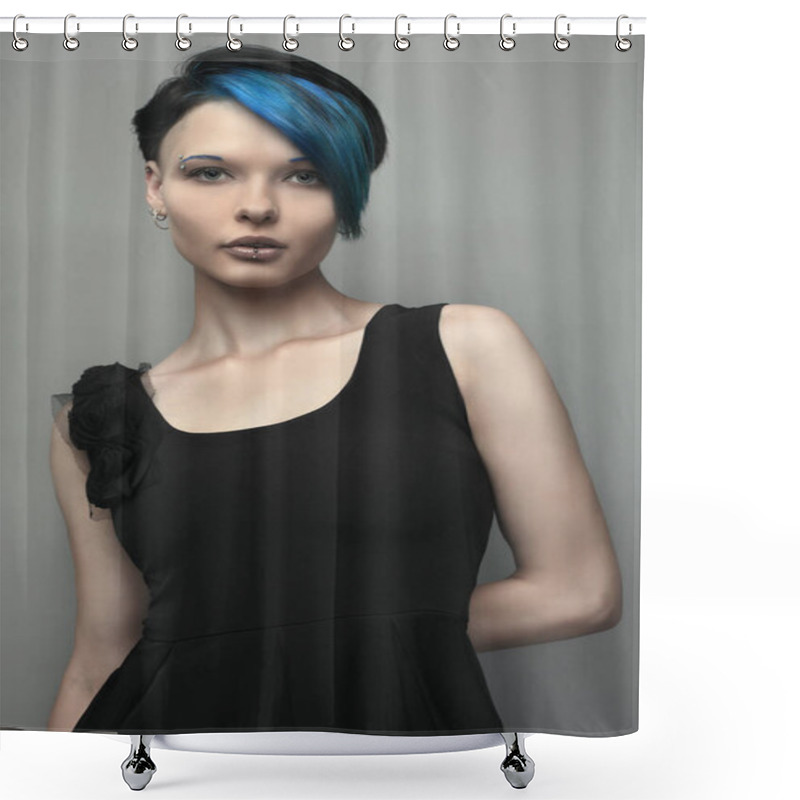 Personality  The Beautiful Girl In A Black Dress And Stockings. Blue Hair And White Skin. Subculture Shower Curtains