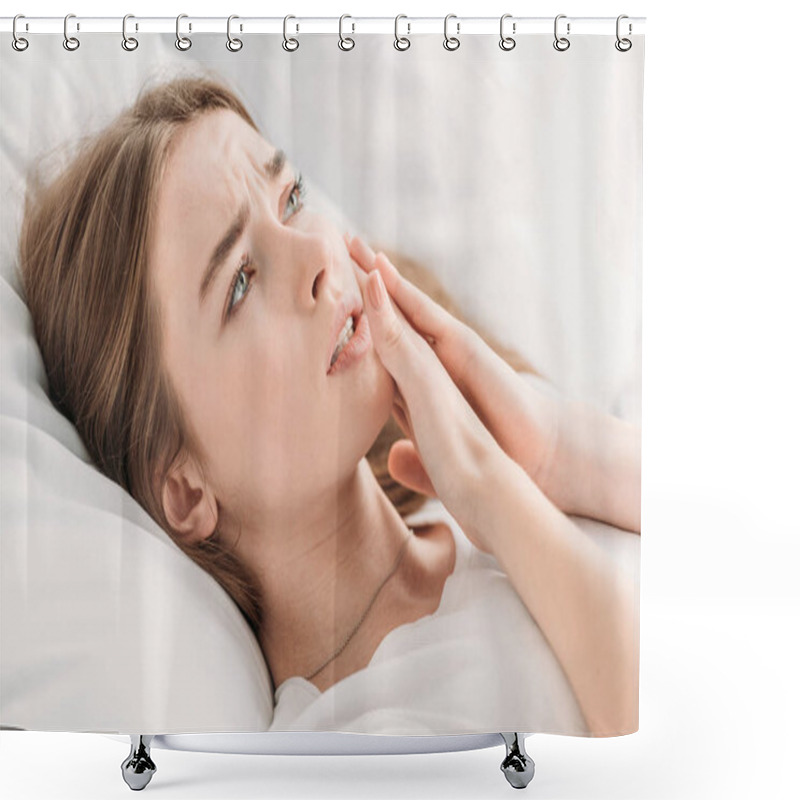 Personality  Upset Girl Touching Cheek While Suffering From Toothache  Shower Curtains