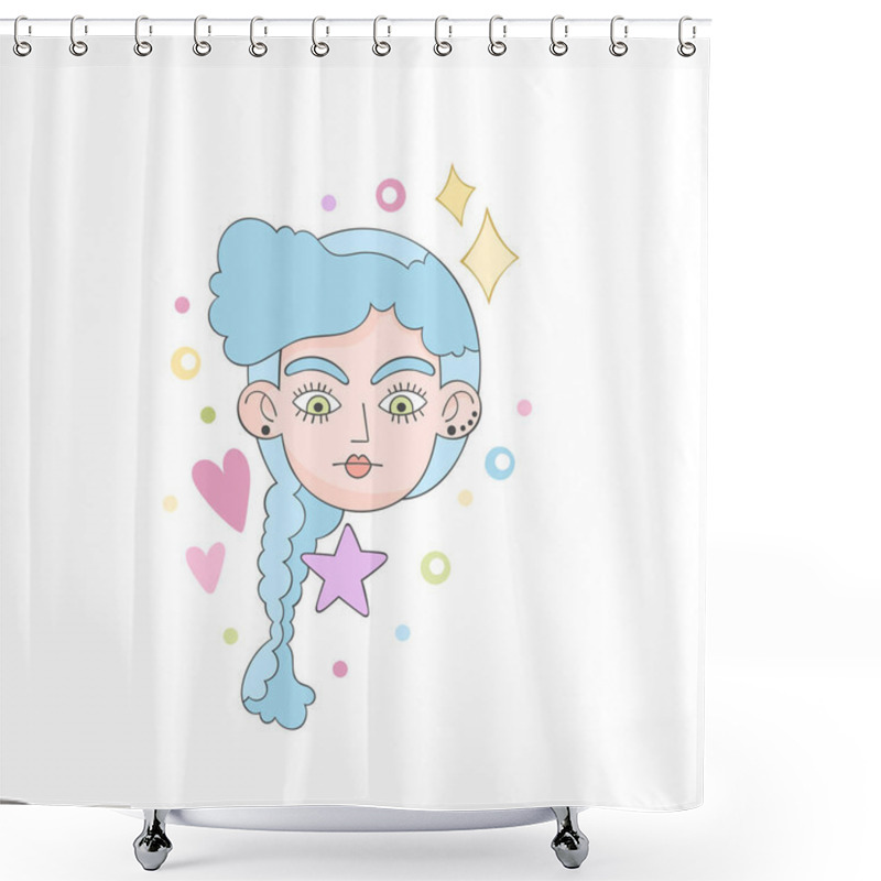 Personality  Beautiful Girl. Cartoon Character. Crazy Hairstyle Model Art. Hearts, Stars, Dots And Sparkles. Isolated Vector Object On White Background. Shower Curtains