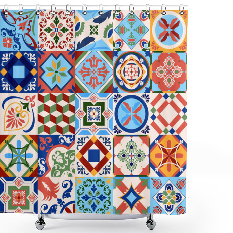 Personality  Azulejos Portugal. Turkish Ornament. Moroccan Tile Mosaic. Ceramic Tableware, Folk Print. Spanish Pottery. Ethnic Background. Mediterranean Seamless Wallpaper. Shower Curtains