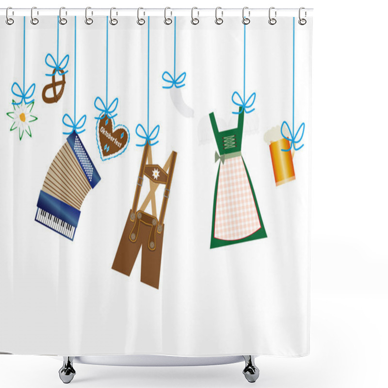 Personality  Octoberfest Background, Lederhosen, Dirndl, Accordion, Edelweiss Icons Hanging On Blue Line Shower Curtains