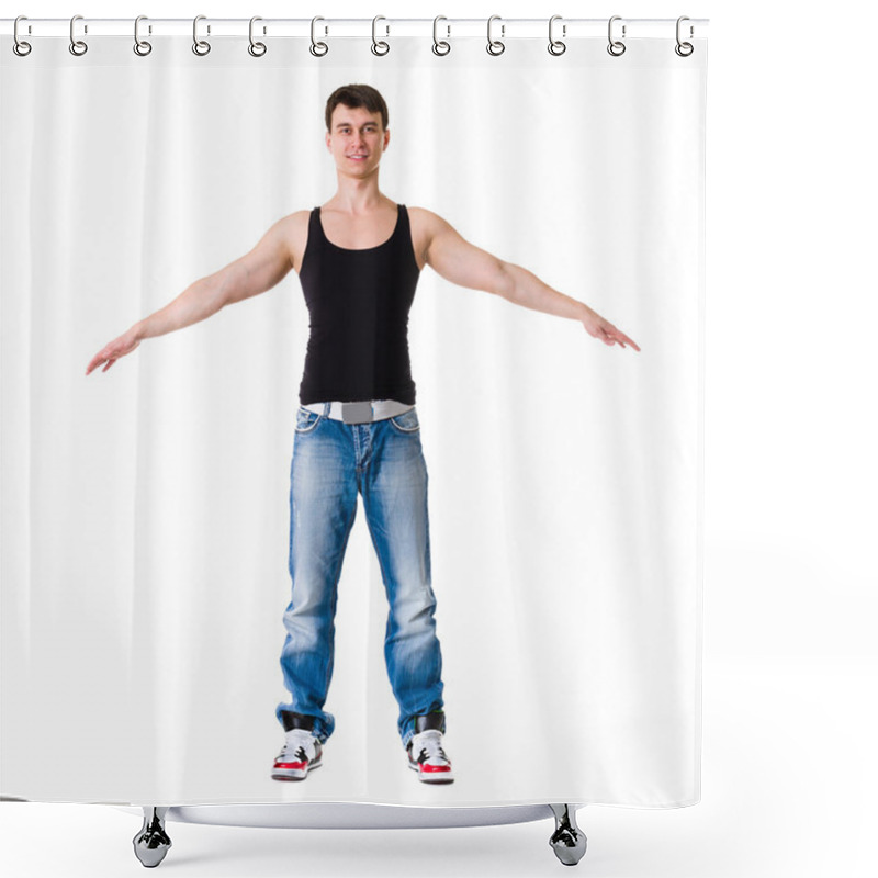 Personality  Young Break Dancer Showing His Skills On White Background Shower Curtains