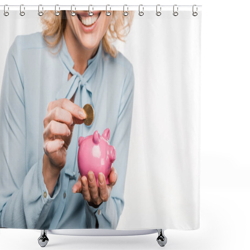 Personality  Cropped Shot Of Smiling Businesswoman Holding Piggy Bank And Coin Isolated On White Shower Curtains