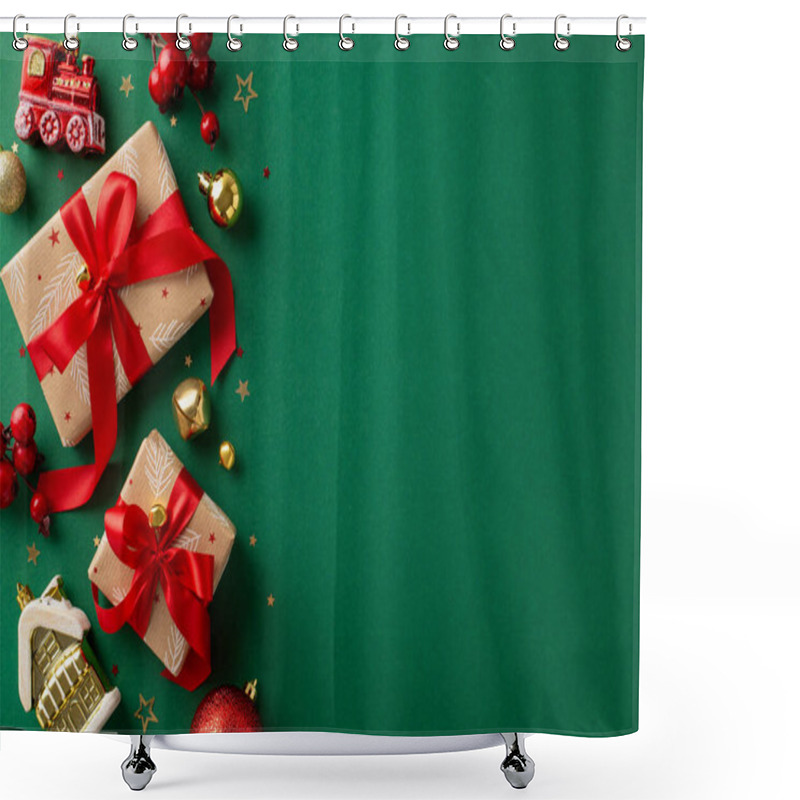 Personality  New Year Preparations In Full Swing! Top View Craft Paper Gift Boxes, Red And Gold Balls, Delightful Christmas Tree Toys On Lively Green Backdrop. Mistletoe Berries And Confetti Enhance Festive Spirit Shower Curtains