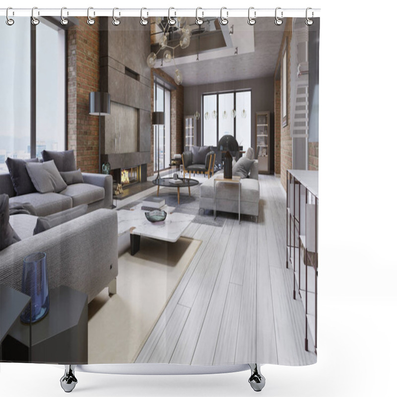 Personality  Great Design Of Apartments In A Loft Style With A Brick Wall And Upholstered Furniture And Large Panoramic Windows. 3d Rendering Shower Curtains