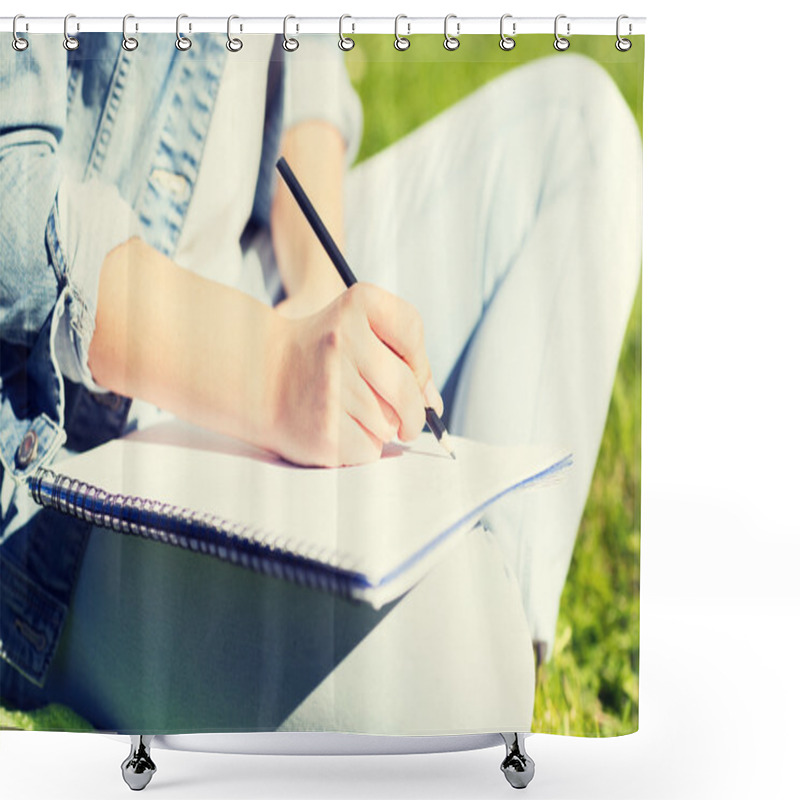 Personality  Close Up Of Girl With Notebook Writing In Park Shower Curtains