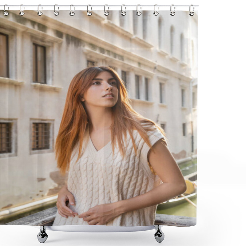 Personality  Young Redhead Woman Looking Away Near Blurred Medieval Building In Venice Shower Curtains