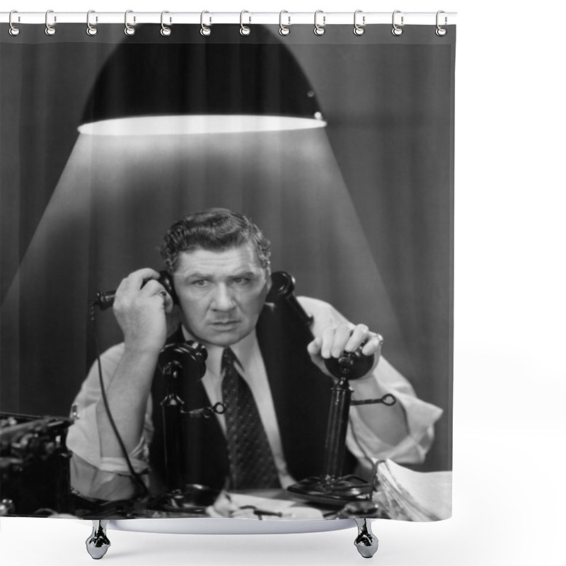 Personality  Man Using Two Telephones Shower Curtains