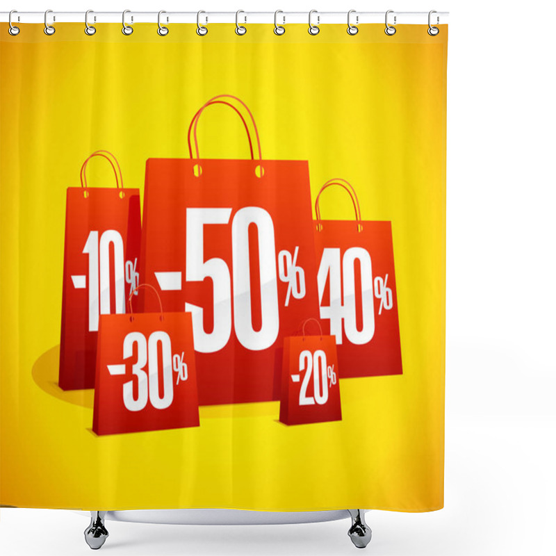 Personality  Discounts Sale Banner With Red Paper Shopping Bags Against Vibrant Yellow Backdrop Shower Curtains