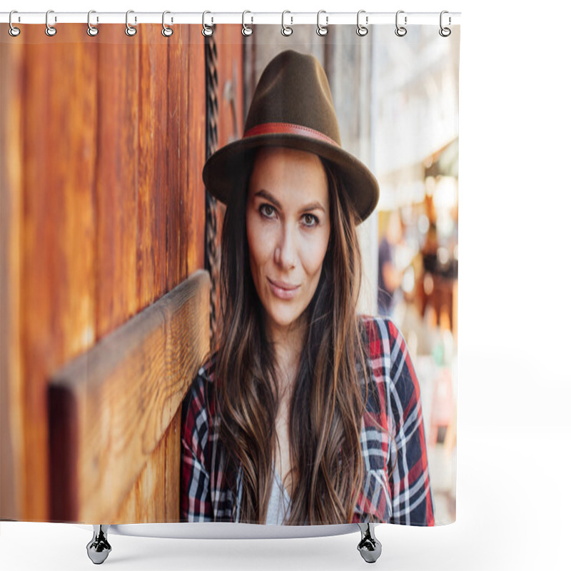 Personality  Young Woman With A Hat Next To An Old Wooden Door  Shower Curtains