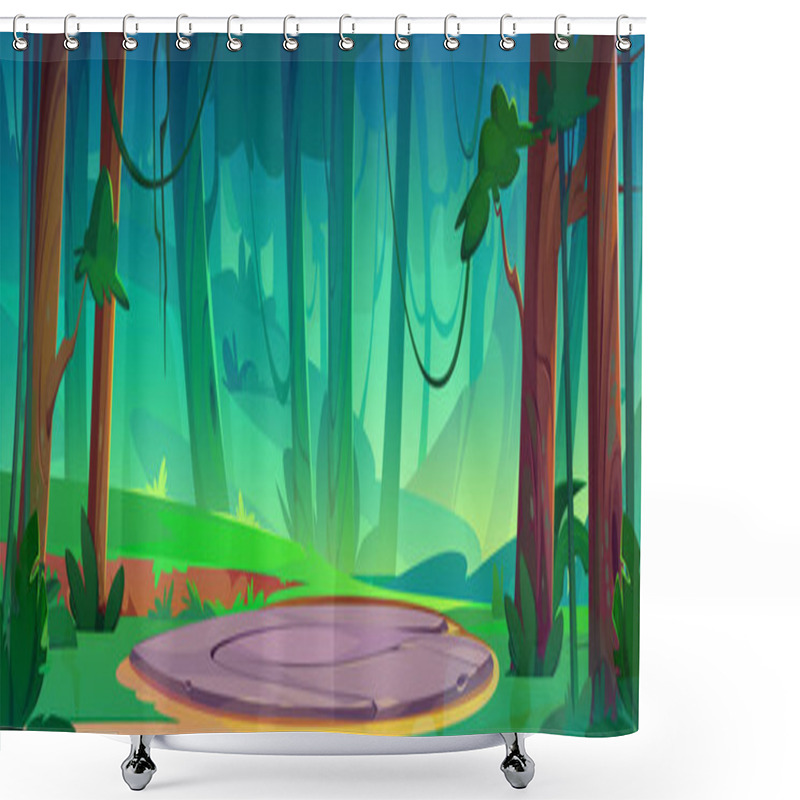 Personality  Summer Forest Landscape With Ground Or Stone Place For Camping. Magic Game Portal Platform For Level Relocation. Cartoon Vector Countryside Scenery With Green Trees And Grass, Round Teleport Area. Shower Curtains