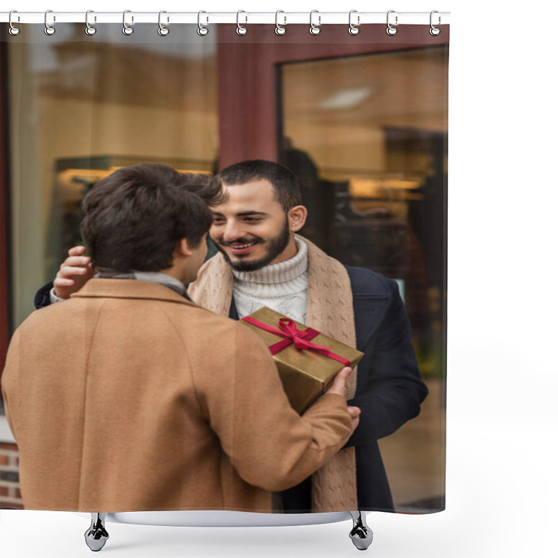 Personality  Pleased Bearded Gay Man Smiling Near Boyfriend With Christmas Gift Box And Blurred Showcase Shower Curtains