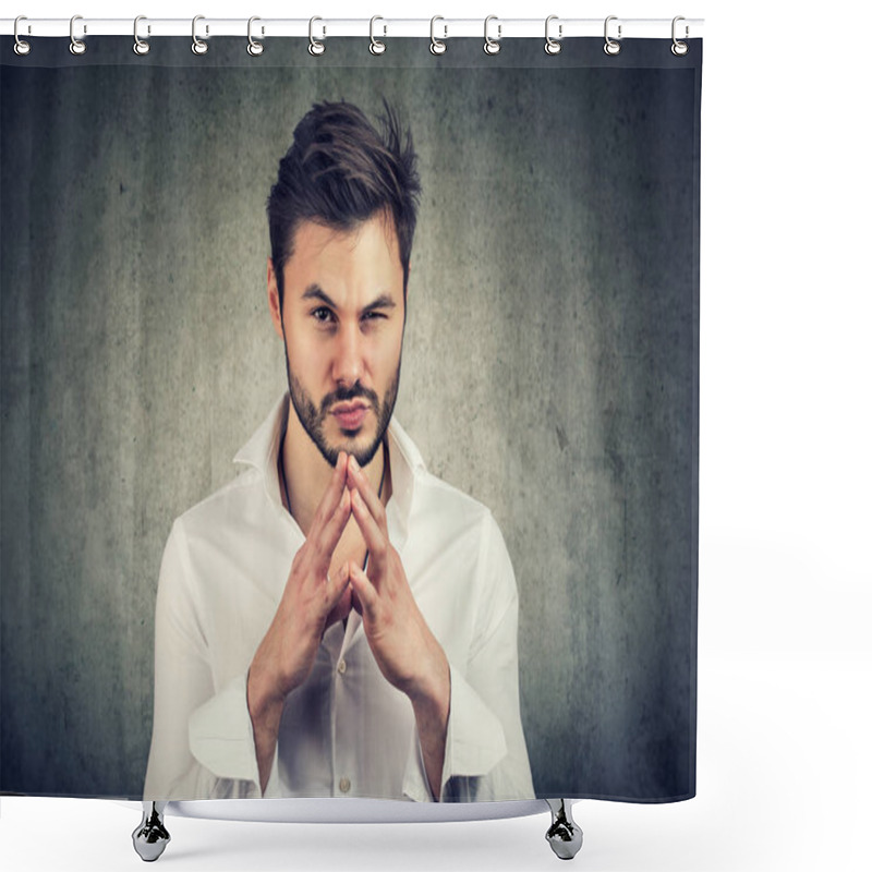 Personality  Young Man Holding Hands Together And Looking At Camera With Thoughts Of Revenge And Jealousy  Shower Curtains