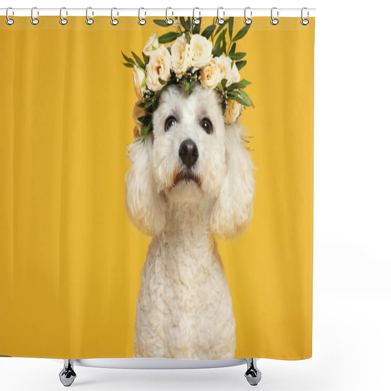 Personality  Adorable Bichon Wearing Wreath Made Of Beautiful Flowers On Yellow Background Shower Curtains