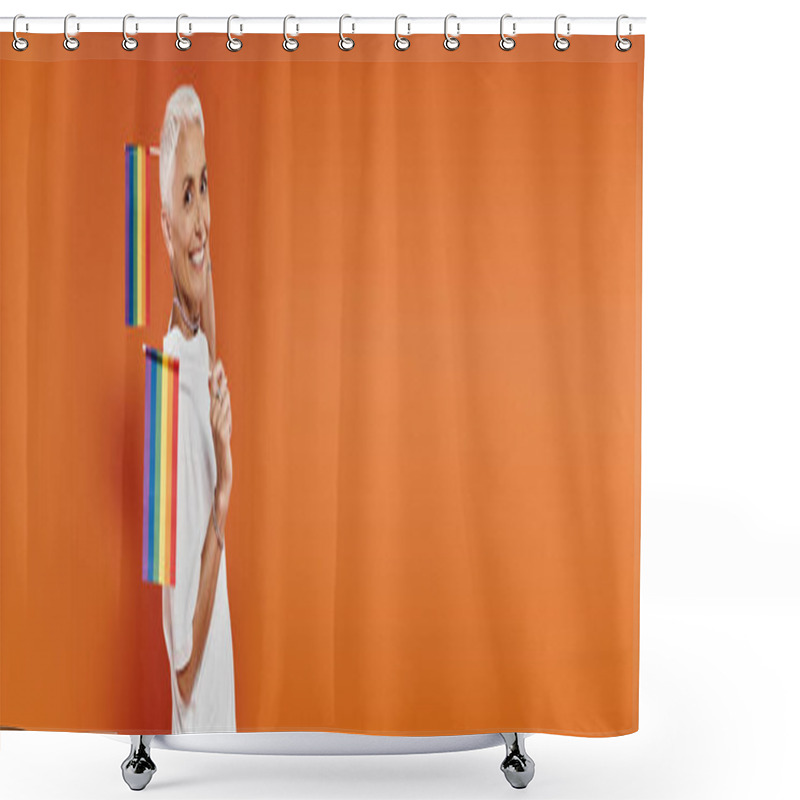 Personality  Cheerful Woman Proudly Showcasing Rainbow Flags With A Stylish Outfit. Shower Curtains