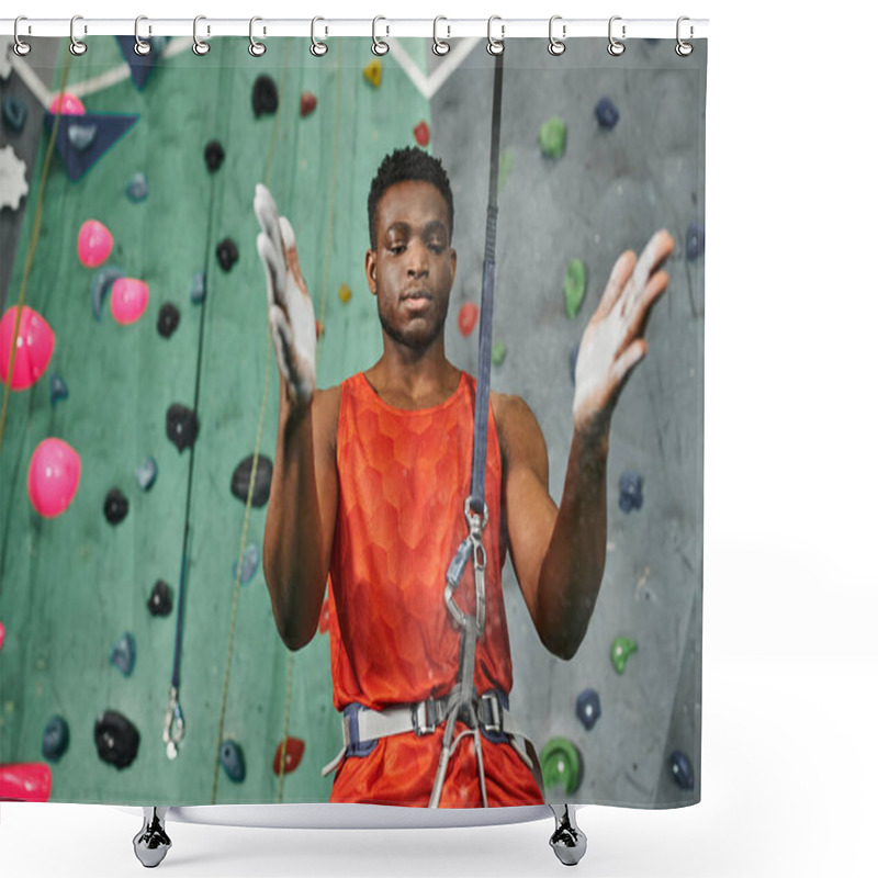 Personality  Good Looking African American Man In Orange Shirt With Safety Rope Using Gym Chalk, Bouldering Shower Curtains