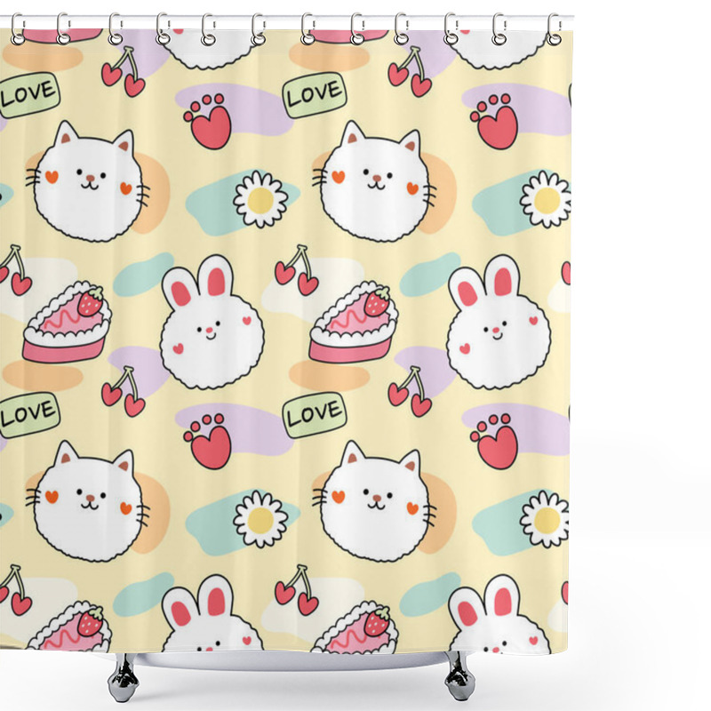 Personality  Seamless Pattern Of Rabbit And Cat With Strawberry Cake Cherry And Flower.Animal Cartoon Doodle.Image For Wallpaper,card,paper Gift,baby Product.Kawaii.Vector.Illustration. Shower Curtains