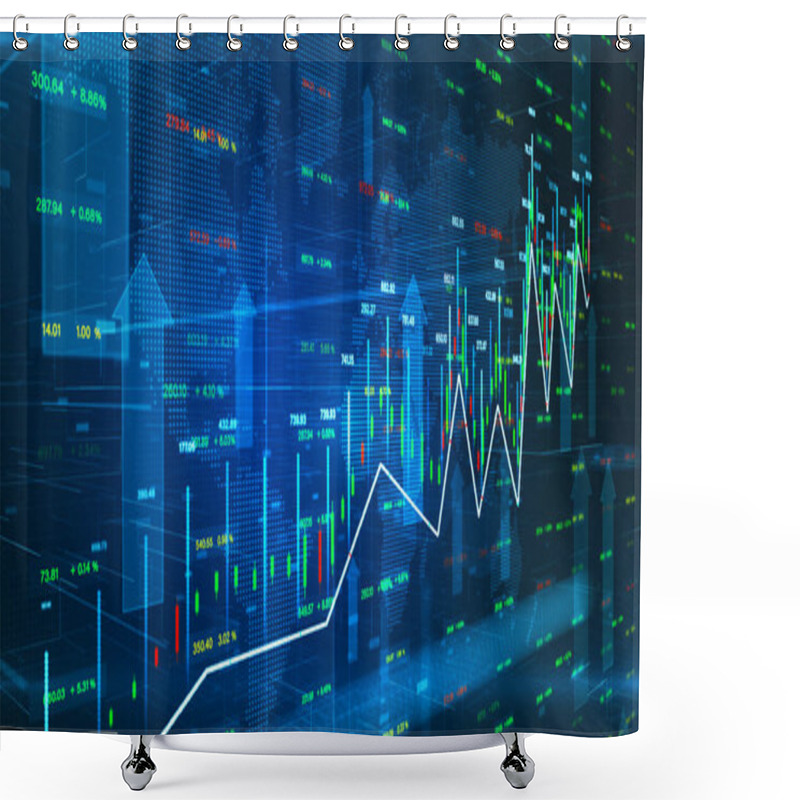 Personality  Global Financial Investment, Stock Market Up Arrow, And Candlestick On Blue Background. Financial Data Information For Trading And Business Investment. 3d Rendering Shower Curtains