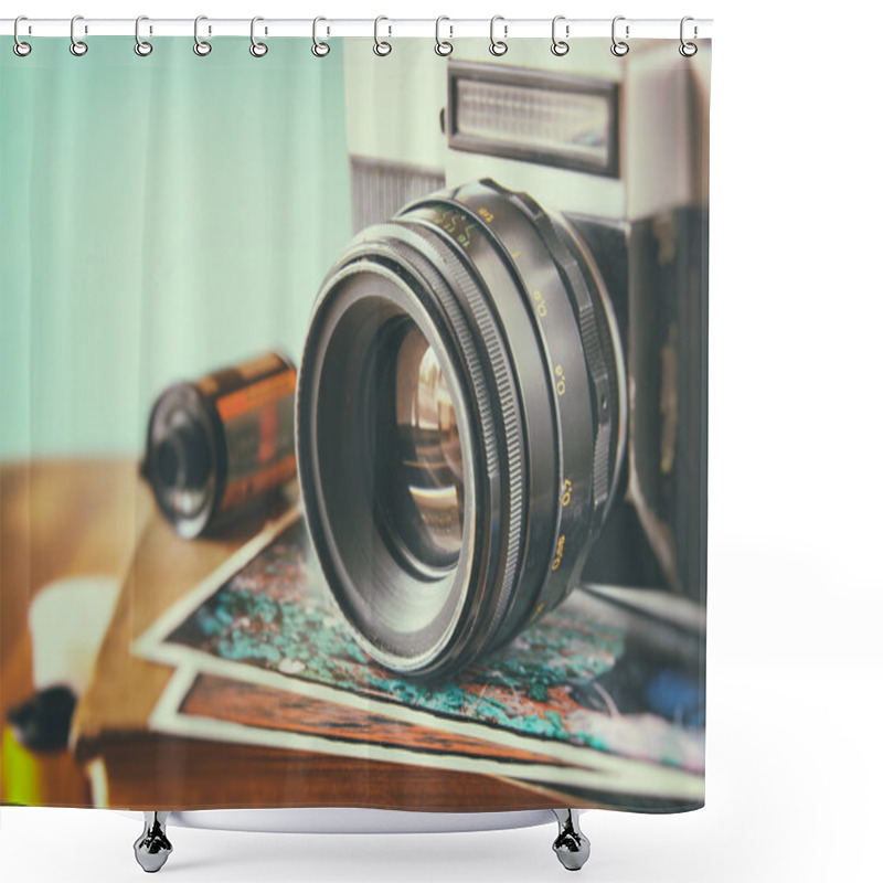 Personality  Close Up Photo Of Old Camera Lens Over Wooden Table. Image Is Retro Filtered. Selective Focus Shower Curtains