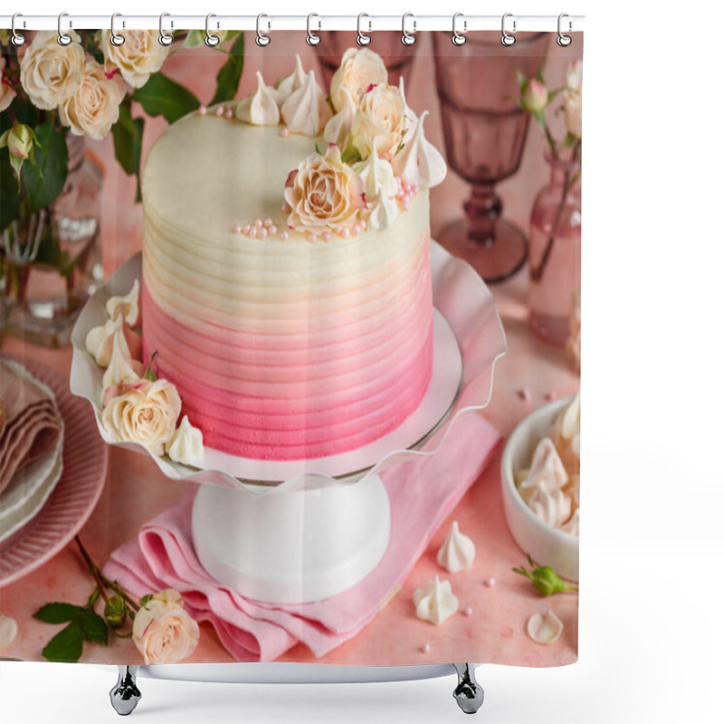 Personality  Festive Pink Ombre Cake On A White Stand Decorated With Meringues And Roses. Selective Focus Shower Curtains