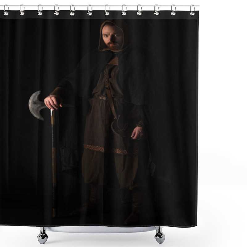 Personality  Medieval Scottish Warrior With Battle Axe In Mantel Isolated On Black Shower Curtains