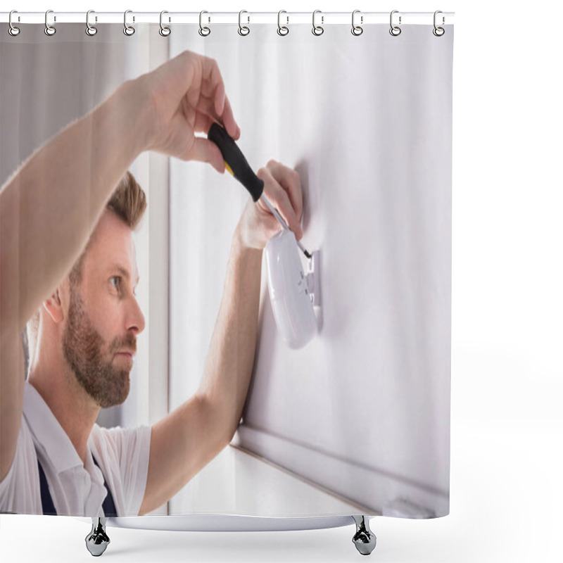 Personality  Young Male Technician Installing Security System Door Sensor With Screwdriver Shower Curtains