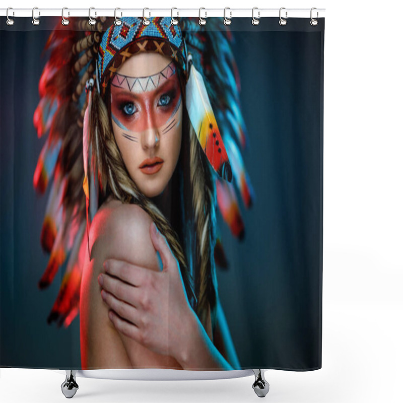 Personality  Portrait Of Beautiful Young Girl In Costume Native American Indian Background Shower Curtains