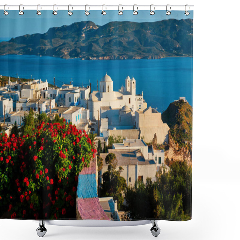 Personality  Picturesque Scenic View Of Greek Town Plaka On Milos Island Over Red Geranium Flowers Shower Curtains