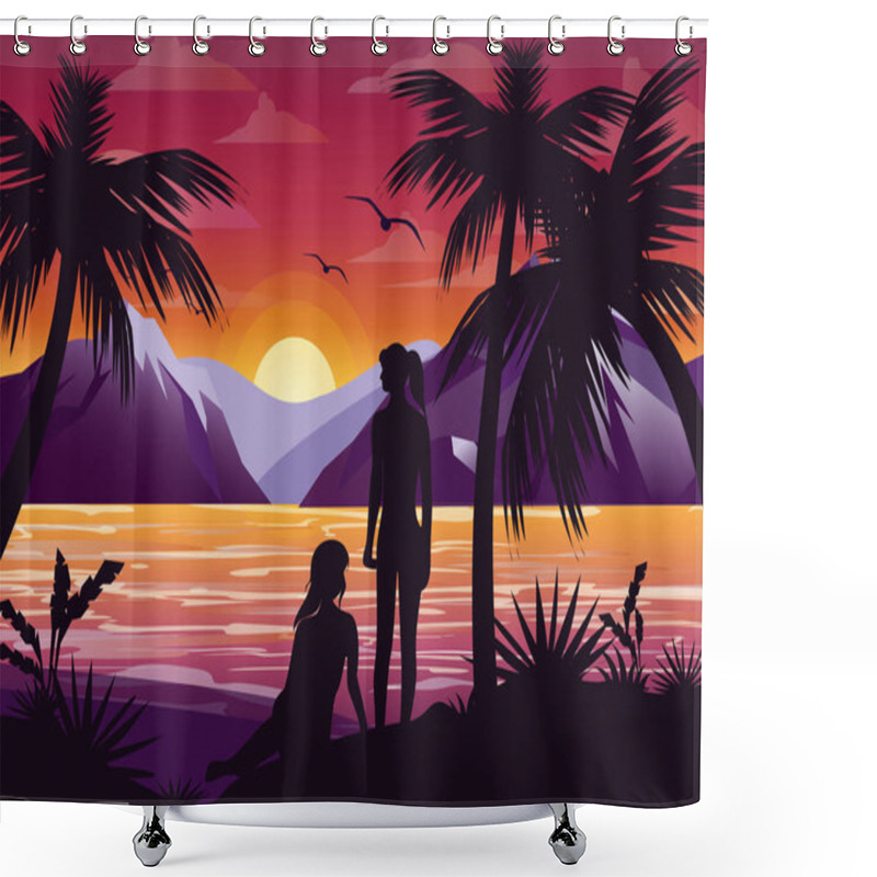 Personality  Vector Illustration Of Couple Girls Friends Silhouette On The Beach Under The Palm Tree On Sunset Background And Mountains In Flat Style. Shower Curtains