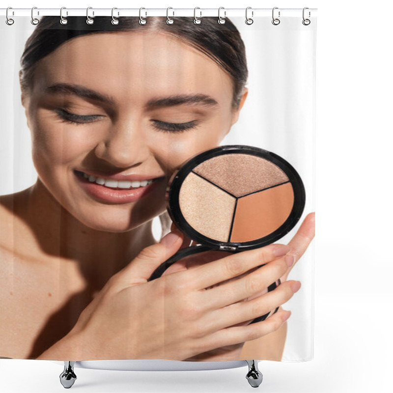 Personality  Cheerful Young Woman With Bare Shoulders Holding Bronzer And Highlighter Palette Isolated On White  Shower Curtains