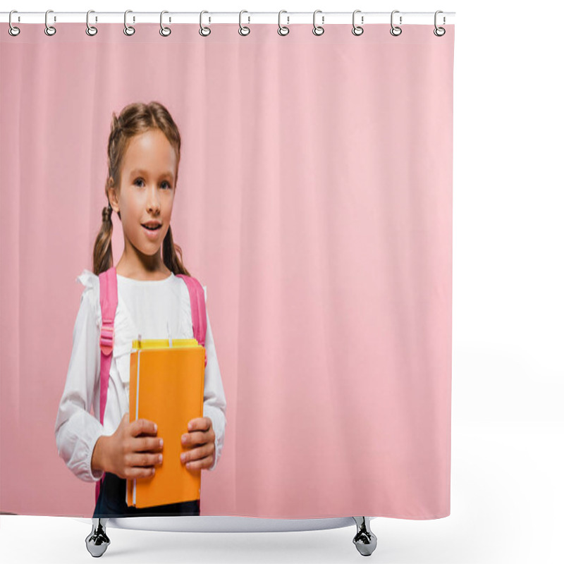 Personality  Happy Kid Holding Books While Standing With Backpack Isolated On Pink  Shower Curtains