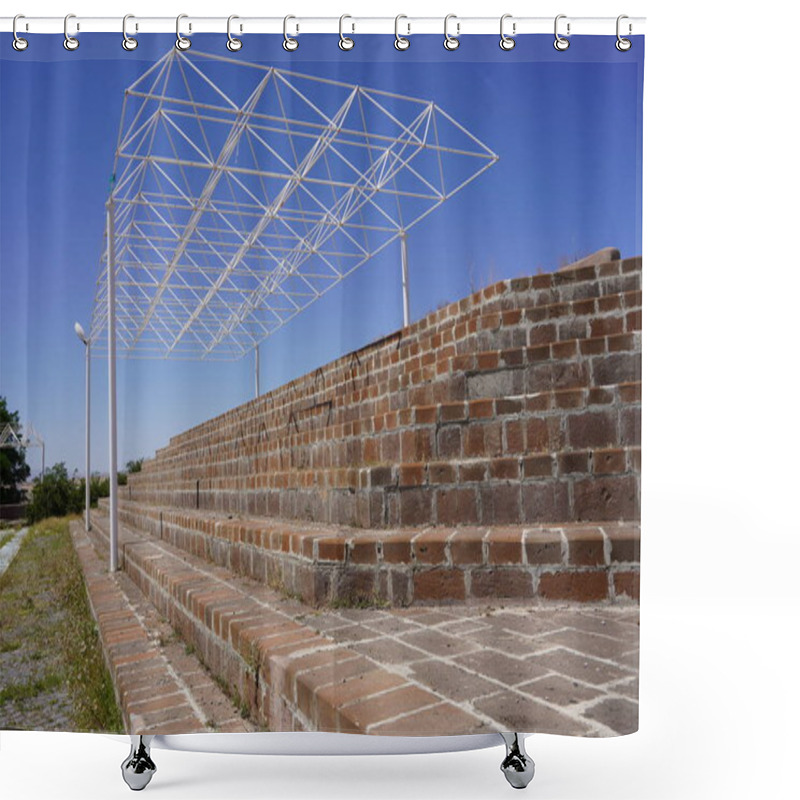 Personality  Modern Minimalism: A Steel Canopy Over Brick Stairs, Symbolizing Support And Progress Under An Open Sky Shower Curtains