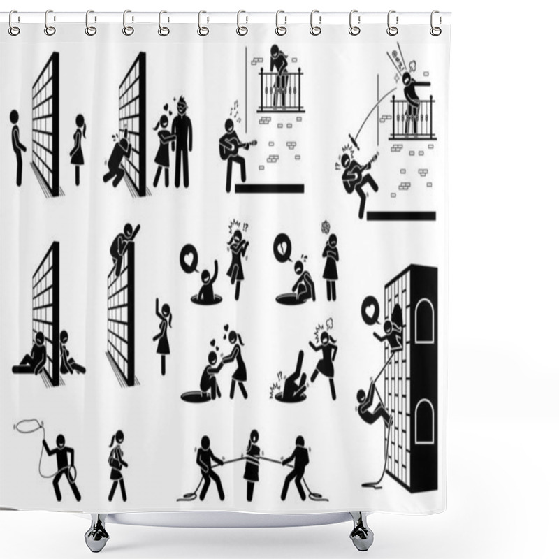 Personality  Romance And Love Stick Figure Pictogram Icons. Vector Illustrations Of Romantic And Funny Lover Scenarios. Shower Curtains