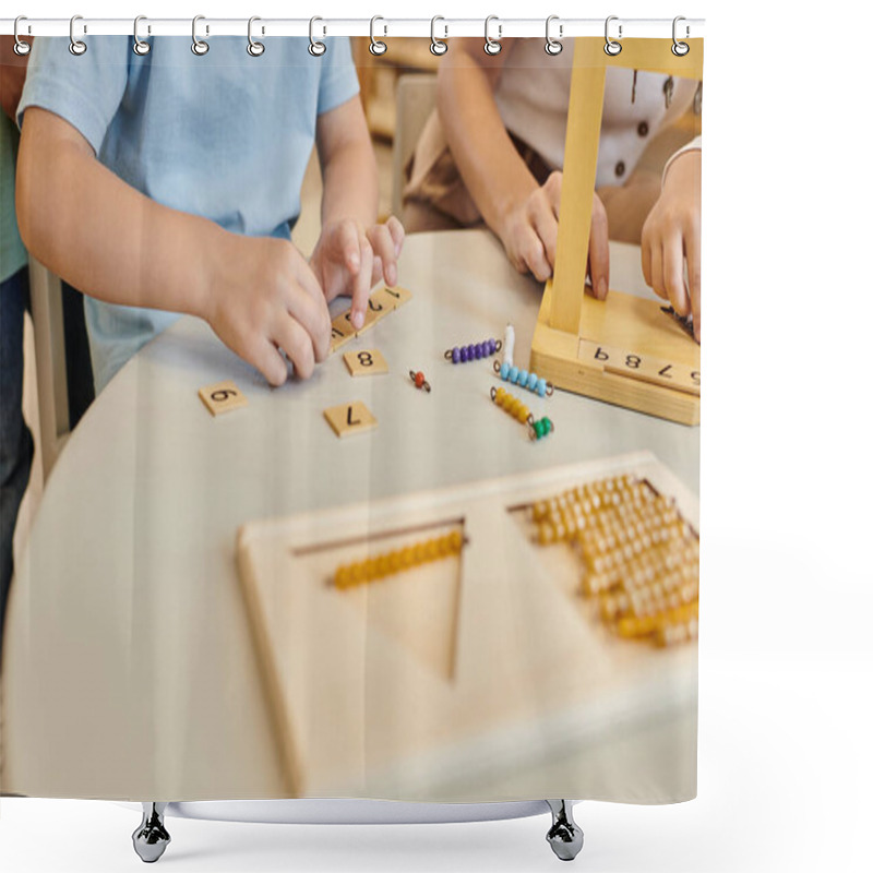 Personality  Montessori School, Cropped View Of Kids Playing Educational Game, Math Learning, Educational Game Shower Curtains