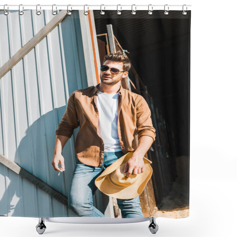 Personality  Handsome Man In Sunglasses Holding Cigarette And Hat, Leaning On Wall At Ranch Shower Curtains