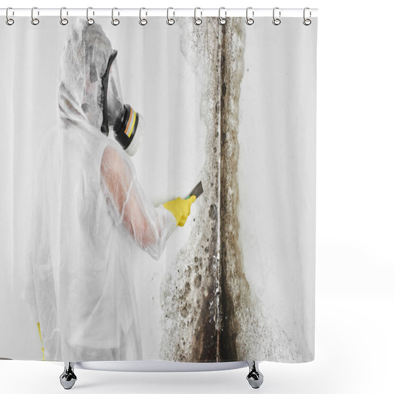 Personality  A Professional Disinfector In Overalls Processes The Walls From Mold With A Spatula. Removal Of Black Fungus In The Apartment And House. Aspergillus. Shower Curtains