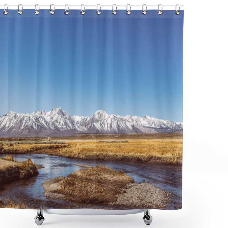 Personality  River Runs Though Arid Plain Against Sierra Nevada Mountains Blue Sky  Shower Curtains