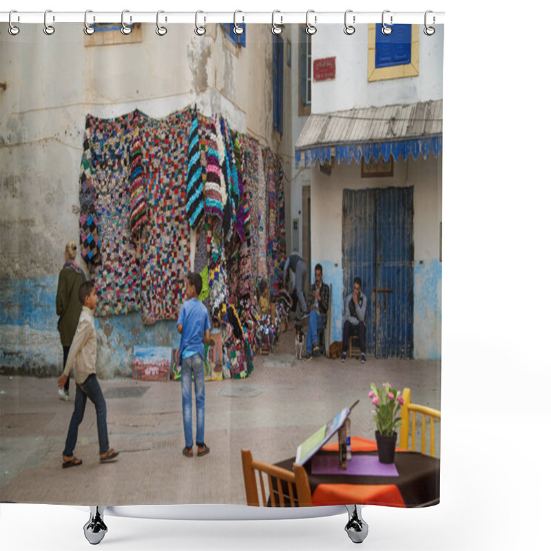 Personality  Essaouira, Morocco - 22 April 2017: Carpets Hung On The Wall For Sale On The Streets Of The Medina, The Photo Was Taken In Essaouira In Morocco Shower Curtains