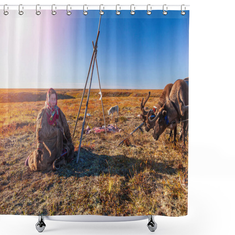 Personality  The Extreme North, Yamal, Life Of Nenets People, Reindeer Herder's Assistant, Woman Sitting On The Ground Waiting Shower Curtains