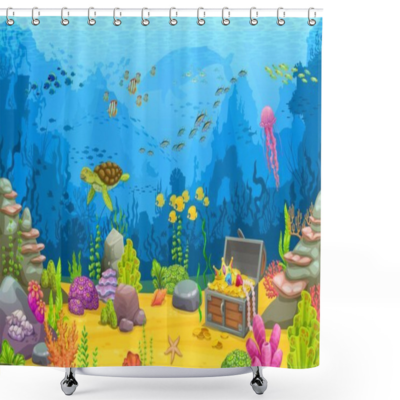 Personality  Cartoon Underwater Landscape With Treasure Chest And Sea Animals. Coral Reef Water World Scene, Aquatic Life Vector Background With Turtle, Fish Shoal, Seaweed And Gold In Chest On Ocean Bottom Shower Curtains