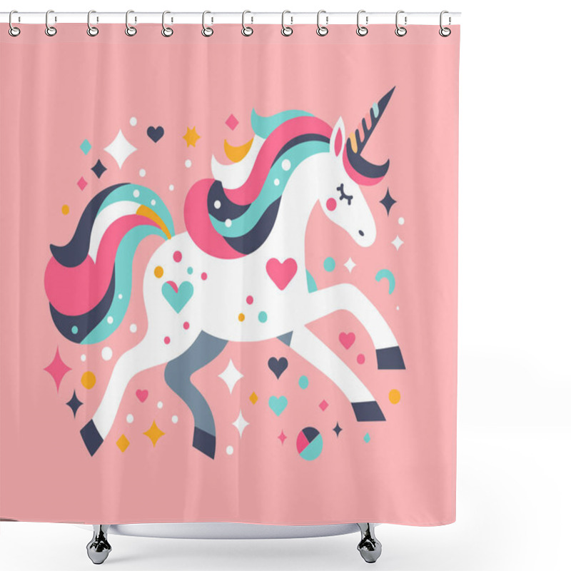 Personality  Illustration Of A Cute Unicorn Jumping On A Rainbow, Vector Image Of 10 Colors, Suitable For Silk Screen Printing Shower Curtains