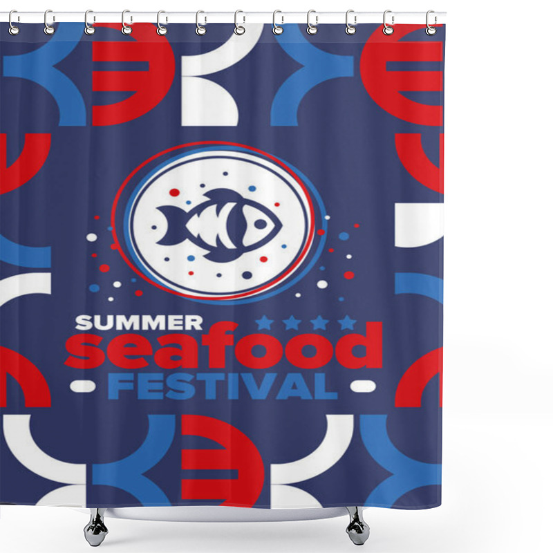 Personality  Seafood Summer Festival. Fish And Chips Party. Family Holiday Event, Happy Celebration. Ocean And Sea Food. Healthy Eating, Outdoor Barbecue. Vacation With Delicious Snack. Vector Illustration Shower Curtains