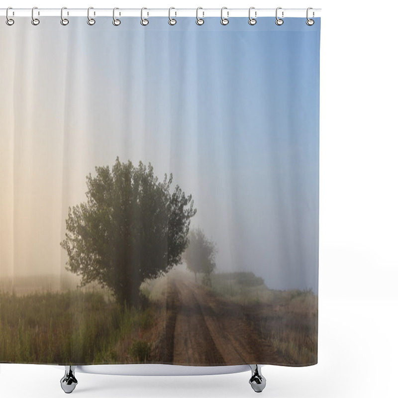 Personality  Misty Dawn Early Morning Nature Grassland Landscape View In Russian Countrysid Shower Curtains