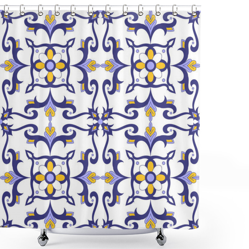 Personality  Portuguese Tile Pattern Vector Seamless With Flowers Motifs. Italian, Portugal Azulejo, Mexican Talavera, Moroccan, Spanish Majolica Design. Moorish Tiled Print For Tablecloth, Background Or Ceramic. Shower Curtains