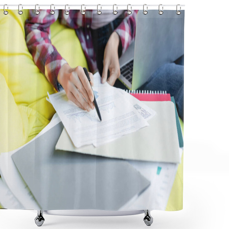 Personality  Cropped View Of Woman With Pen Reading Document Shower Curtains